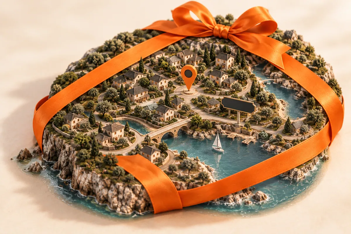 Illustration: a miniature landscape wrapped in an orange gift ribbon.