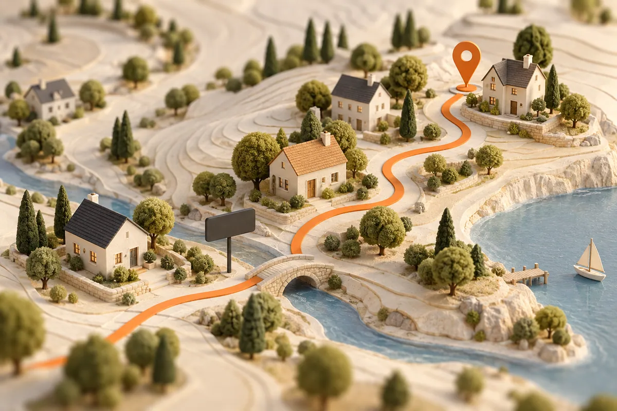 Illustration: a miniature landscape with an orange route connecting homes to a map pin.